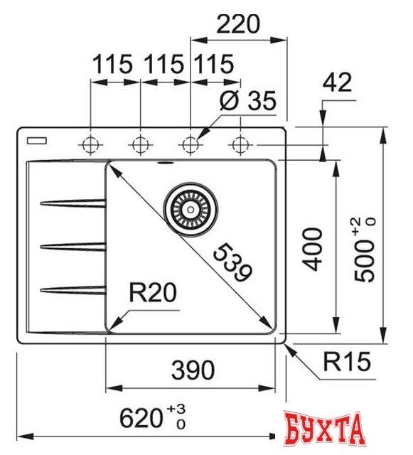Кухонная мойка Franke Centro CNG 611/211-62 TL Fragranite 114.0639.717 (оникс) 2